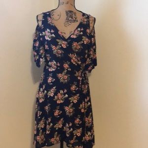 Navy blue floral wrap mini dress. Size large